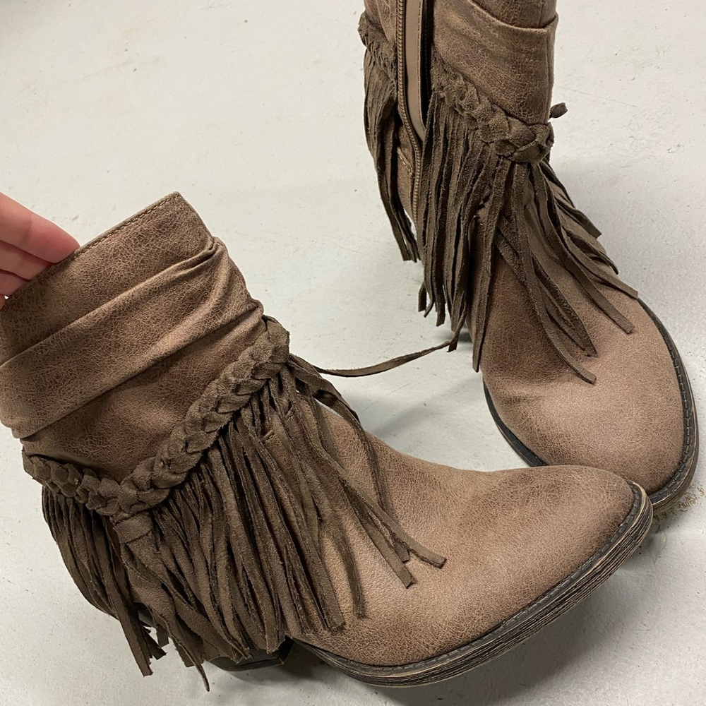 Tan Suede Fringe Booties 9.5